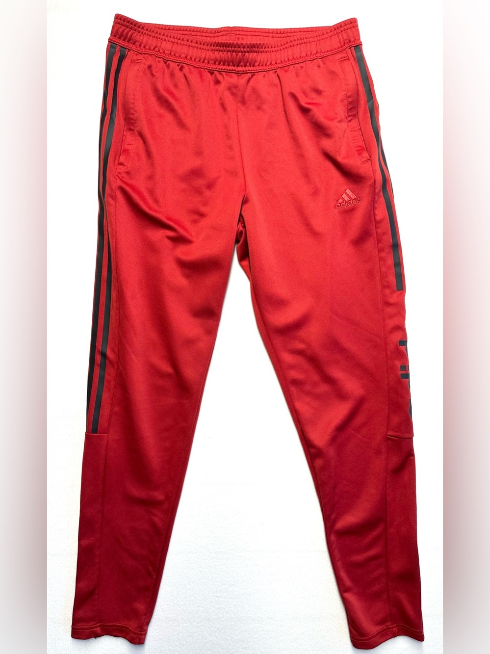 Adidas Red Track Pants Men’s Large 32” Inseam Black Stripes Calf Zippers